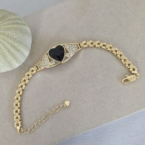 Gold Filled Watchband Design Bracelet with Black And Pave Hearts